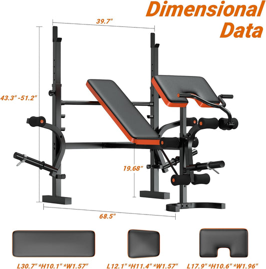XDDIAS Weight Bench, 770LBS Bench Press Set with Leg Extension, 6 in 1 Olympic Weight Bench for Home Gym, Adjustable Workout Bench with Rack & Preacher Pad, Flat Incline Bench for Weight Lifting