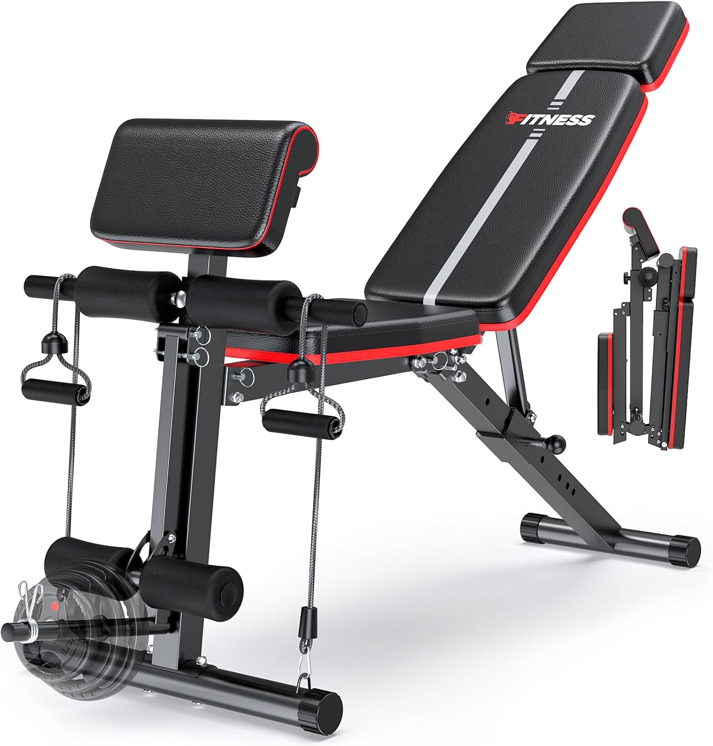 XDDIAS Adjustable Weight Bench, Workout Bench with Leg Extension and Preacher Curl Pad, Weight Bench for Home Gym, Foldable Exercise Bench, Quick Adjustment Incline Bench Press