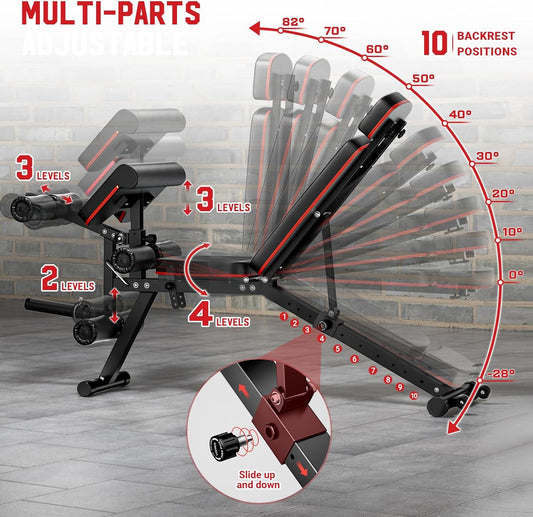 XDDIAS Workout Bench, Adjustable Weight Bench with Leg Extension and Leg Curl, Extended Headrest, 900LBS Preacher Curl Bench Incline Decline Flat Workout Bench for Home Gym Full Body Exercise