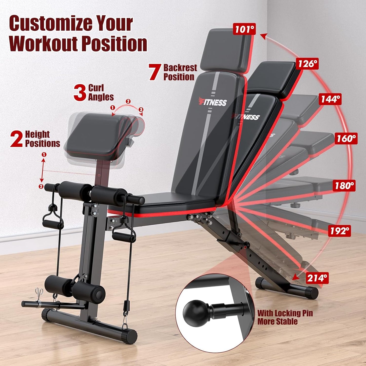XDDIAS Adjustable Weight Bench, Workout Bench with Leg Extension and Preacher Curl Pad, Weight Bench for Home Gym, Foldable Exercise Bench, Quick Adjustment Incline Bench Press