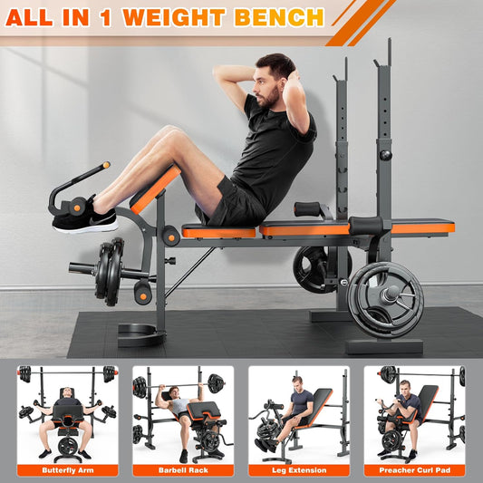 XDDIAS Weight Bench, 770LBS Bench Press Set with Leg Extension, 6 in 1 Olympic Weight Bench for Home Gym, Adjustable Workout Bench with Rack & Preacher Pad, Flat Incline Bench for Weight Lifting