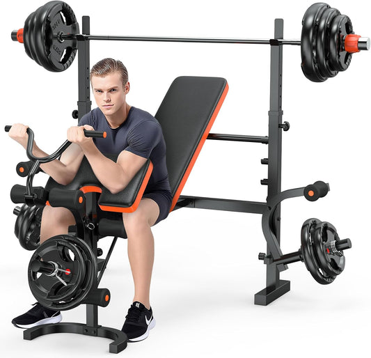 XDDIAS Weight Bench, 770LBS Bench Press Set with Leg Extension, 6 in 1 Olympic Weight Bench for Home Gym, Adjustable Workout Bench with Rack & Preacher Pad, Flat Incline Bench for Weight Lifting
